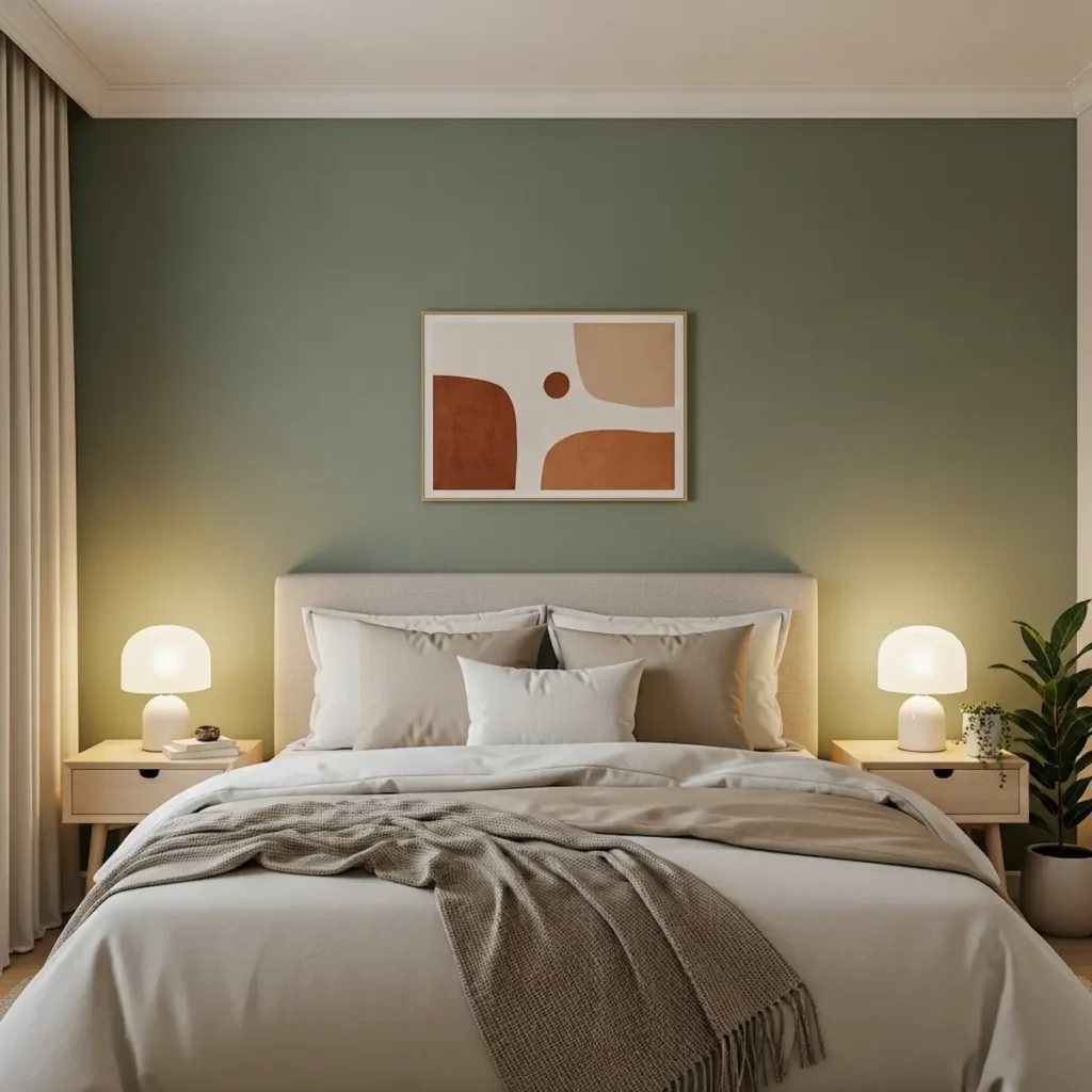  Bedroom with sage green accent wall and neutral décor for relaxing ambiance
