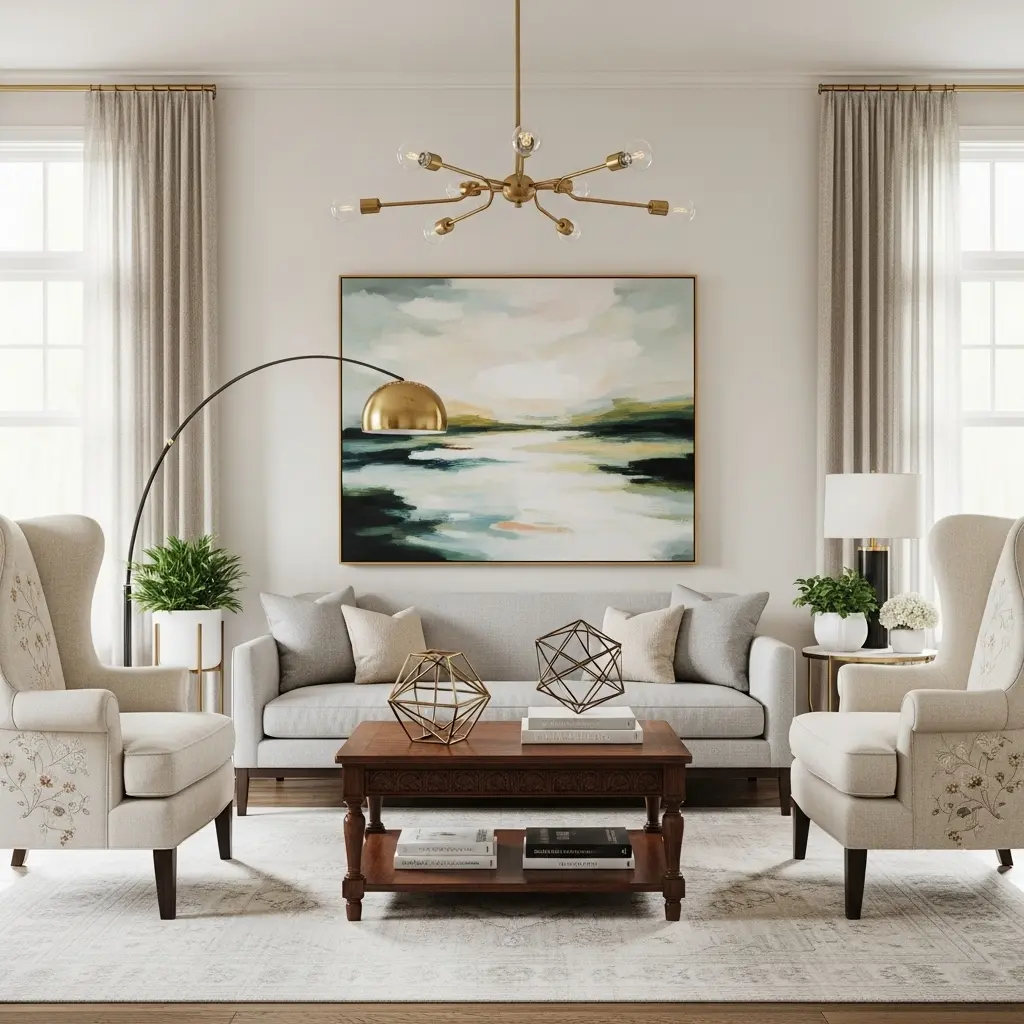 Transitional home decor style combining modern simplicity with traditional warmth.
