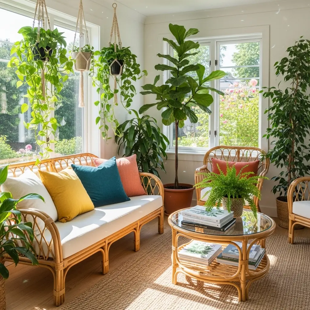 Tropical home decor style with plants, natural fibers, and bright colors.
