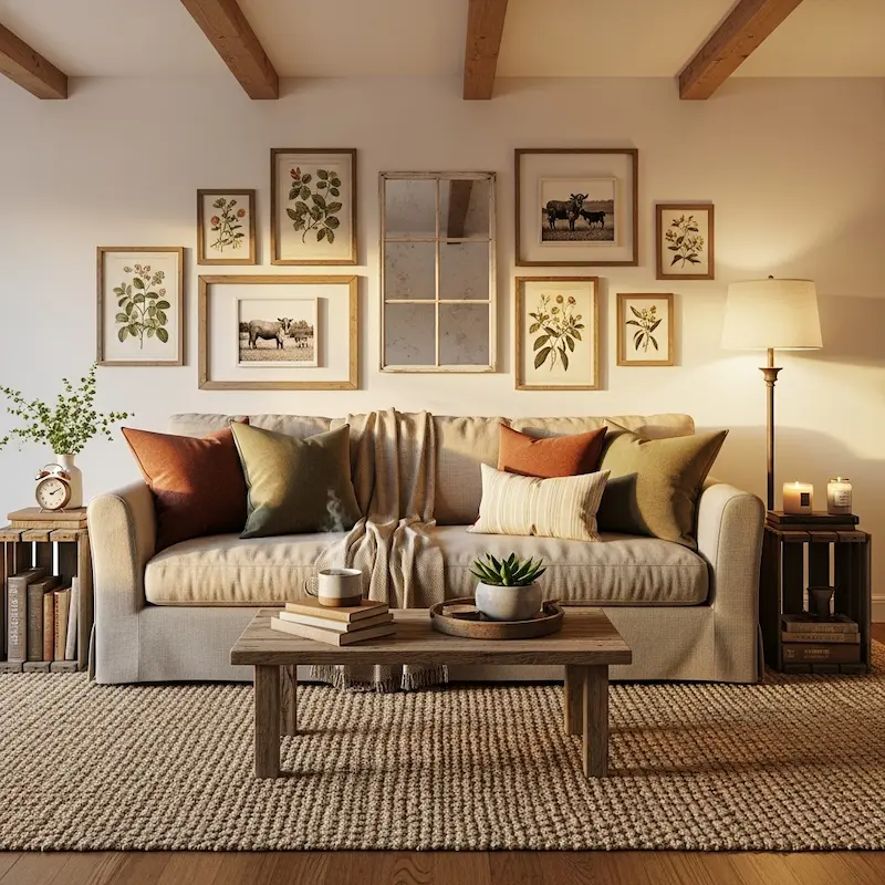  Farmhouse living room wall decor with rustic and elegant accents
