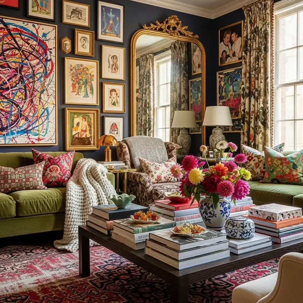  Maximalist home decor style with bold colors and layered decorations.