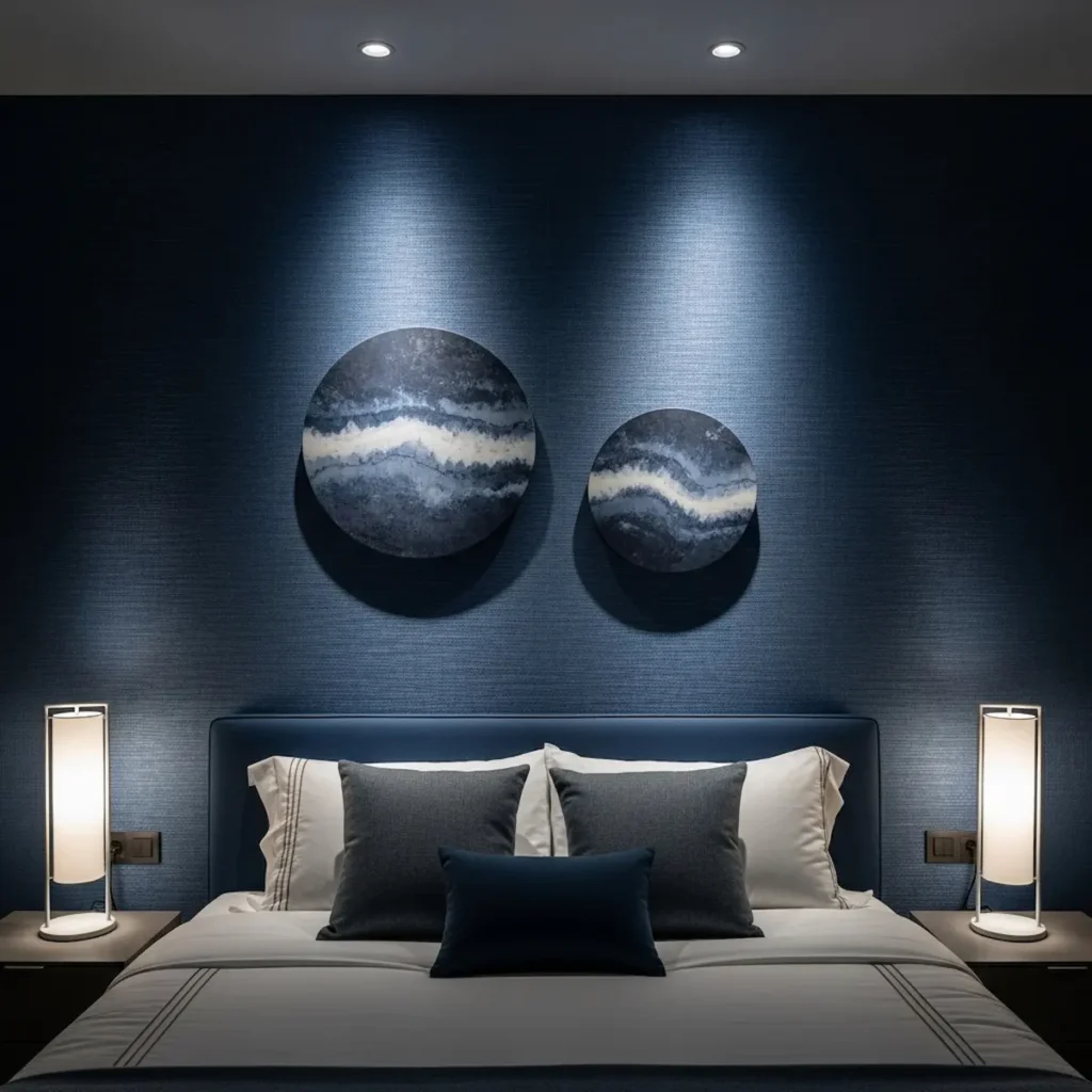  Bedroom featuring dark blue accent wall with lighting highlighting artwork

