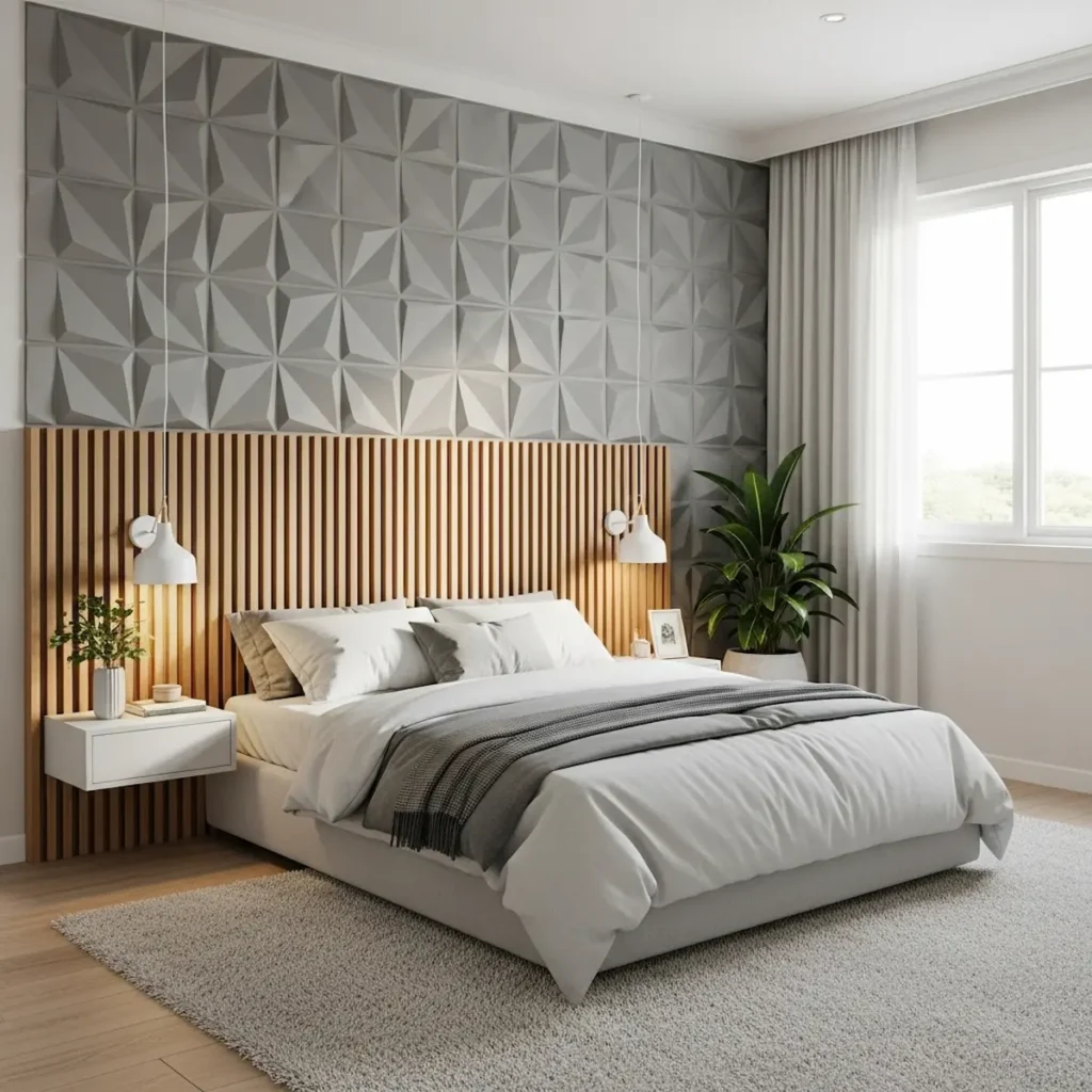  Bedroom wall with wooden slat feature behind bed and textured 3D panels on side wall
