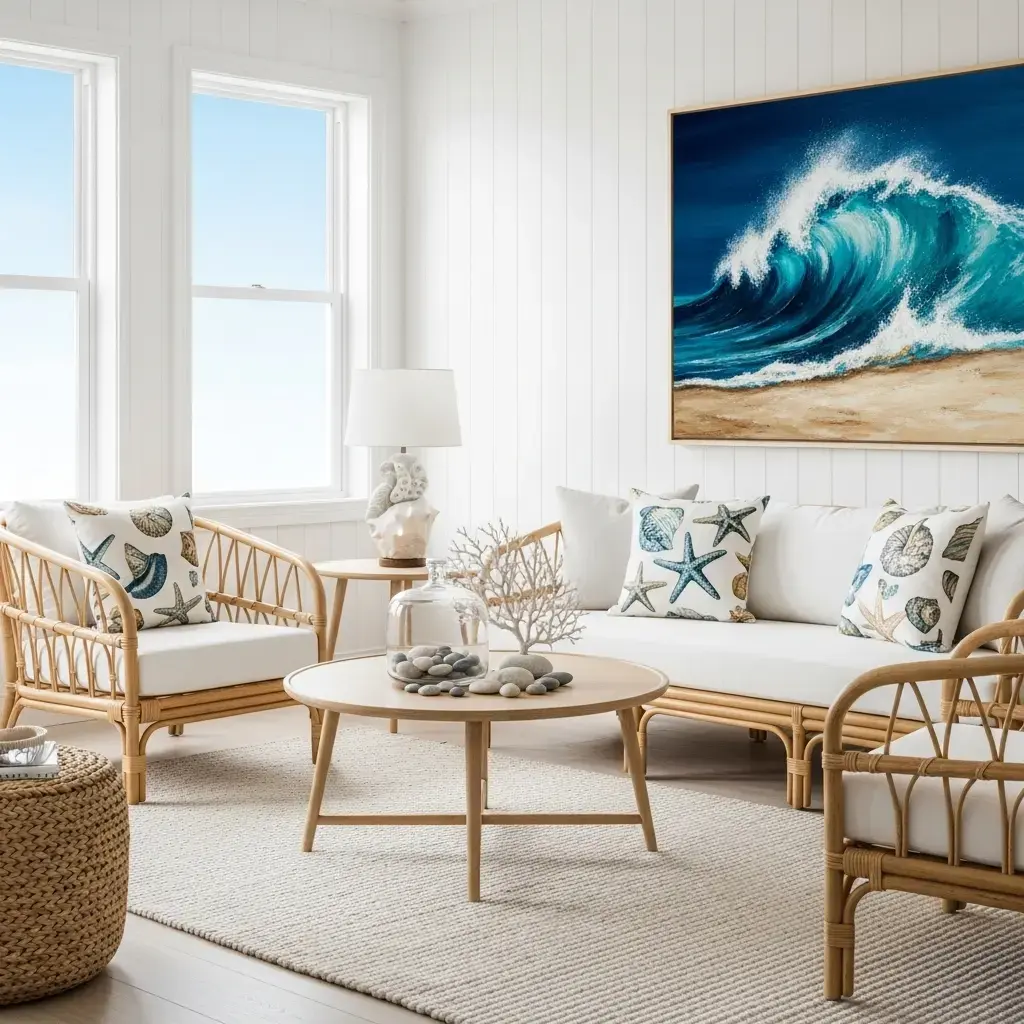 Coastal home decor style featuring light colors, natural textures, and beach elements.
