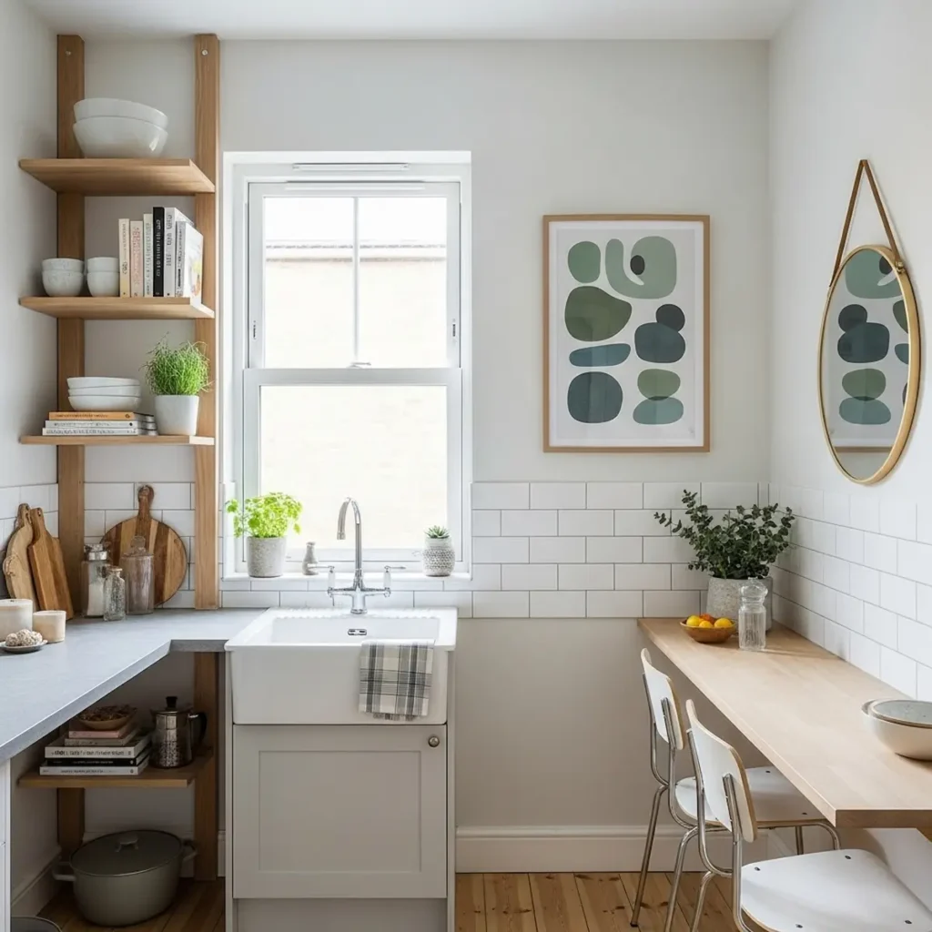 Small kitchen wall decor ideas using vertical shelves and minimal art