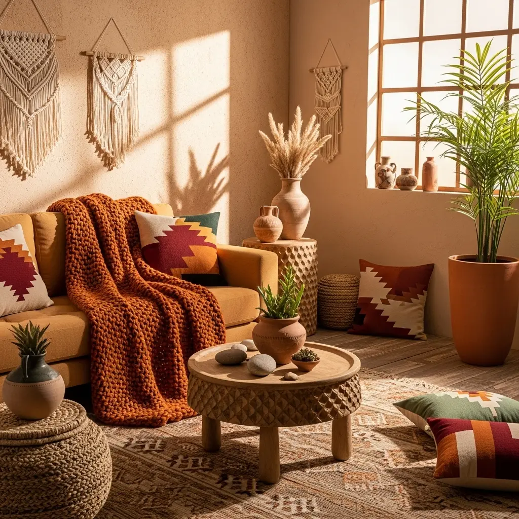  Southwestern home decor style with warm tones, textured materials, and handcrafted accents.
