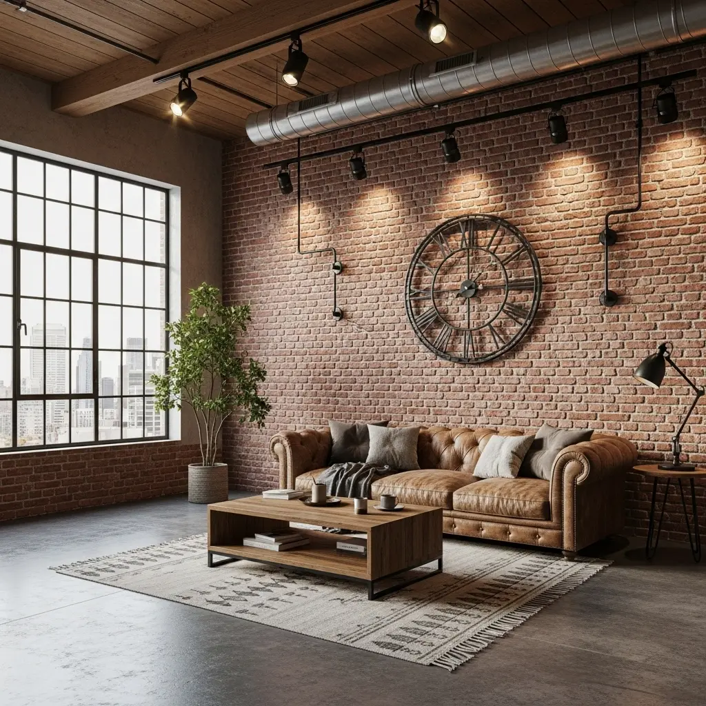 Industrial home decor style featuring exposed brick, metal, and functional furniture.