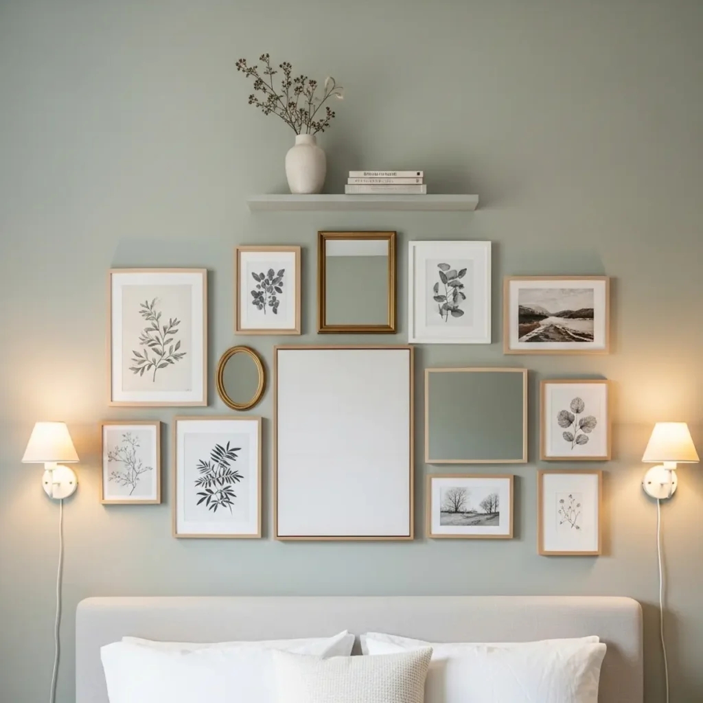  Elegant and balanced bedroom wall decor with art, soft lighting, and minimal accessories
