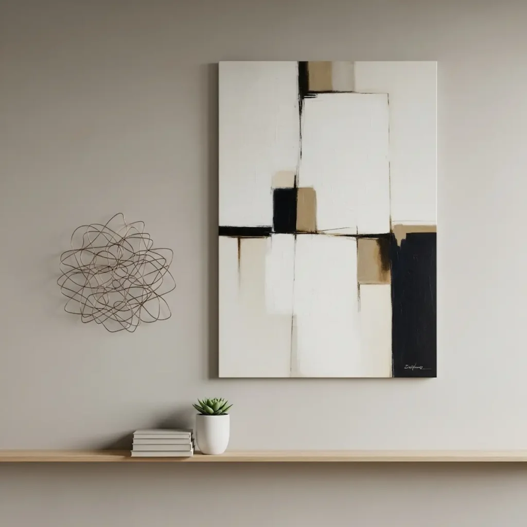 Contemporary modern bedroom wall decor with abstract art and metal accents
