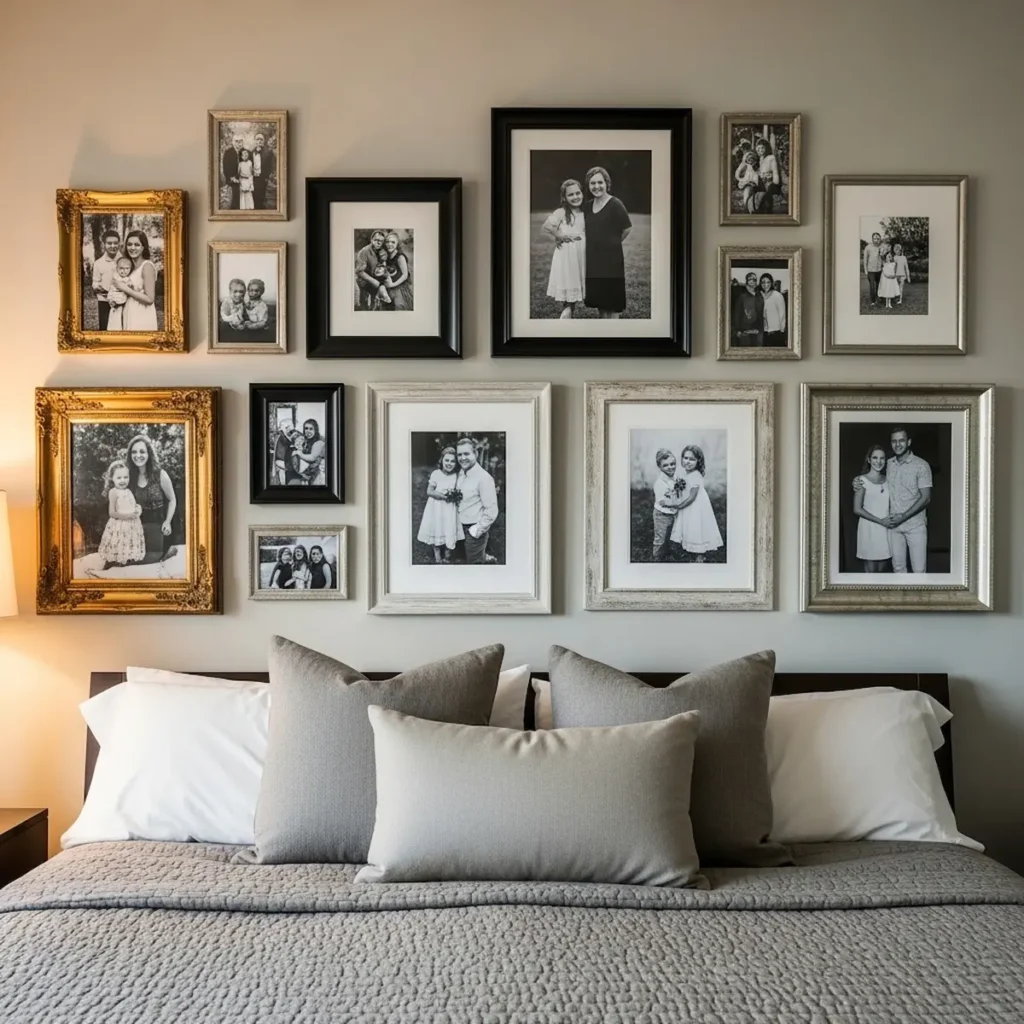  Bedroom gallery wall with black-and-white family photos in varied frames above the bed
