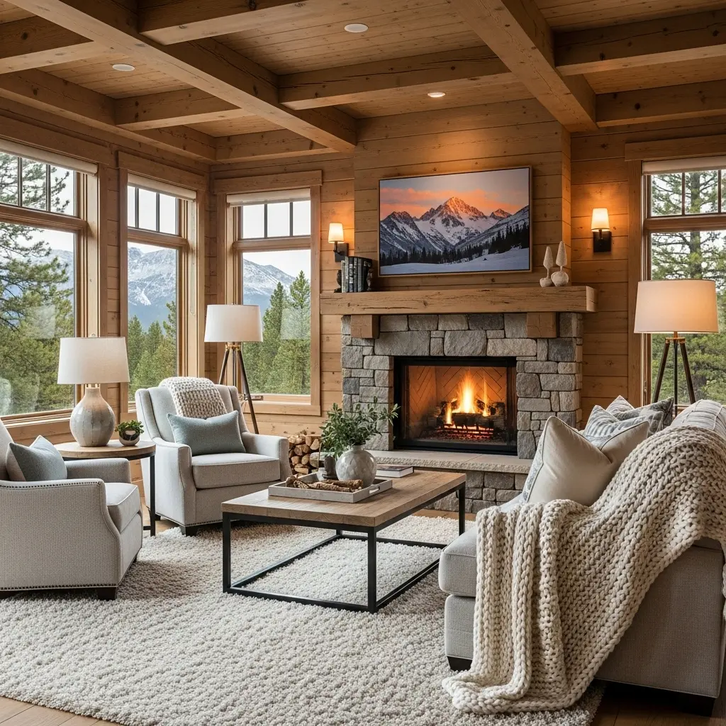 Alpine chic home decor style blending modern comfort with rustic mountain charm.