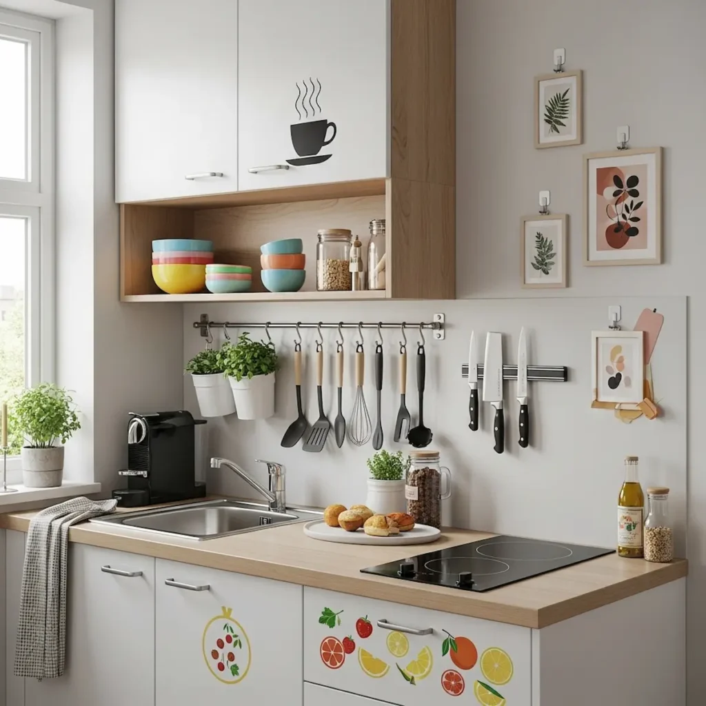 Kitchen wall decoration ideas using shelves for decor and storage