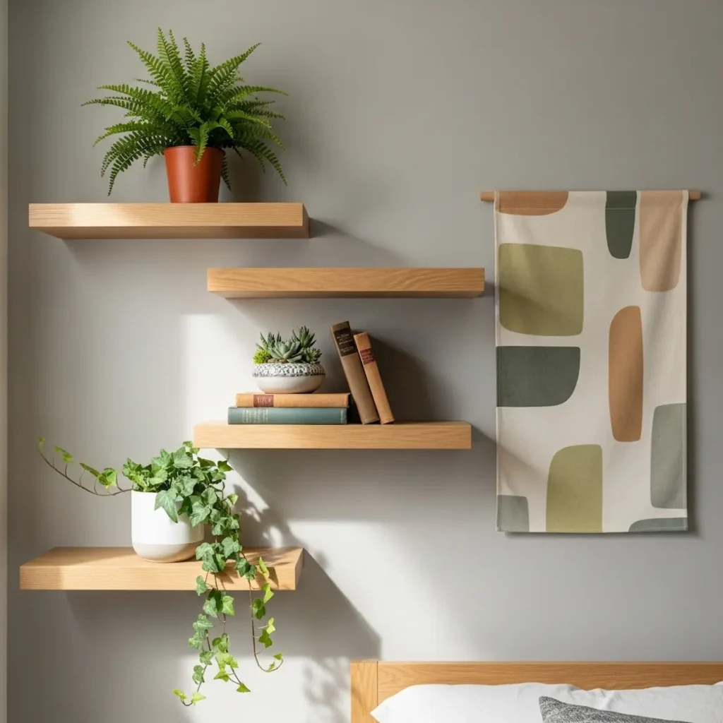Stylish bedroom wall accessories with floating shelves and fabric wall hanging
