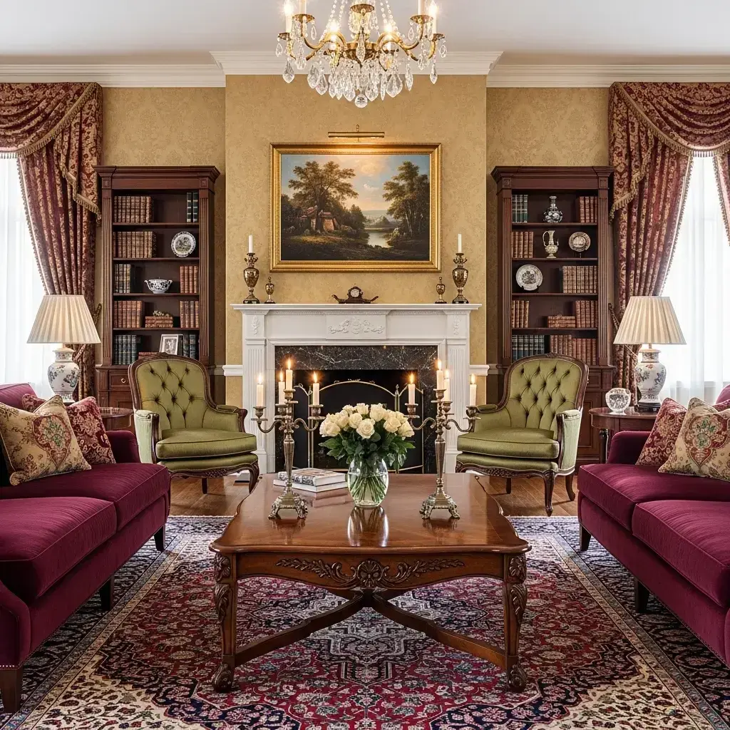  Traditional home decor style with elegant wood furniture and layered textiles.