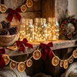 Budget Christmas decor with mason jar fairy lights and pinecones