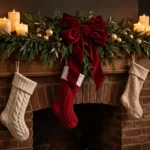 Christmas mantel with layered garland, stockings, and velvet bow