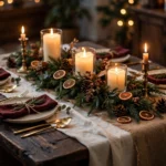 Christmas table setting with greenery garland, candles, and burgundy napkins