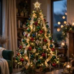 Christmas tree decorated in jewel tones with warm white lights and gold ribbon