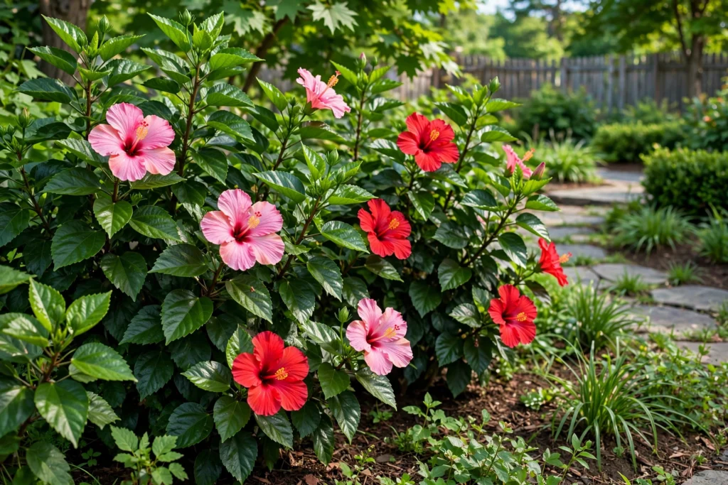 Hibiscus benefits — pink hibiscus flowers blooming in a sunny garden