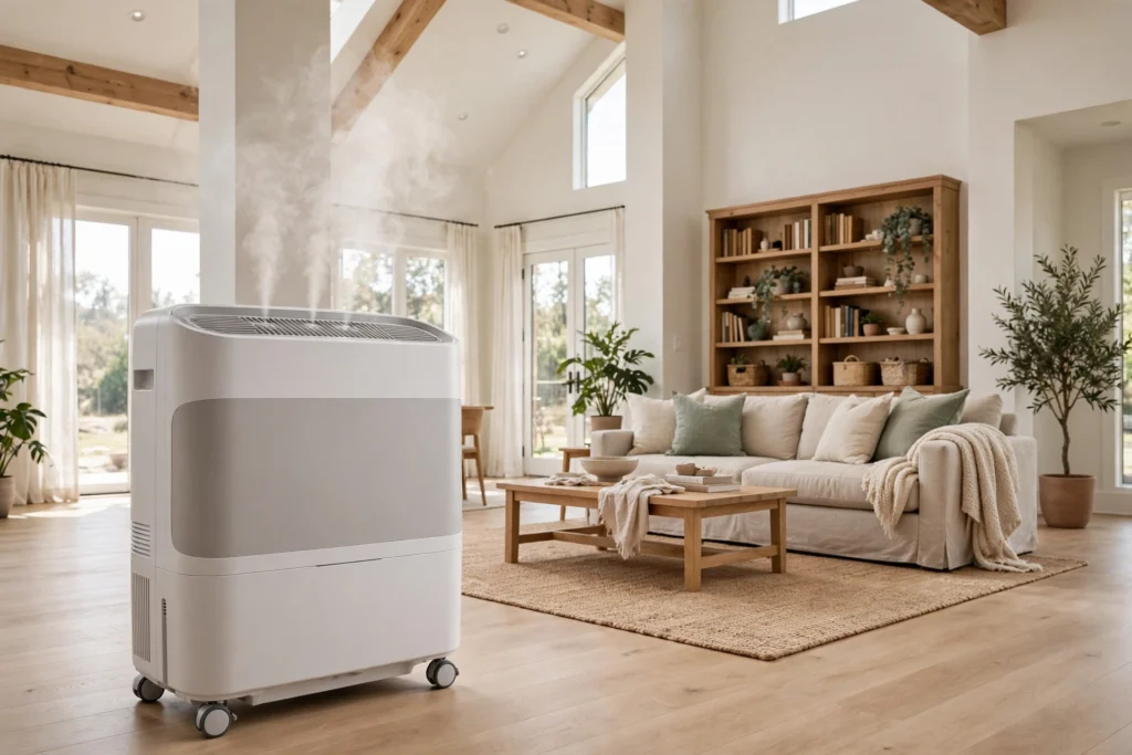 Best humidifier for whole house — large console humidifier in a spacious living room