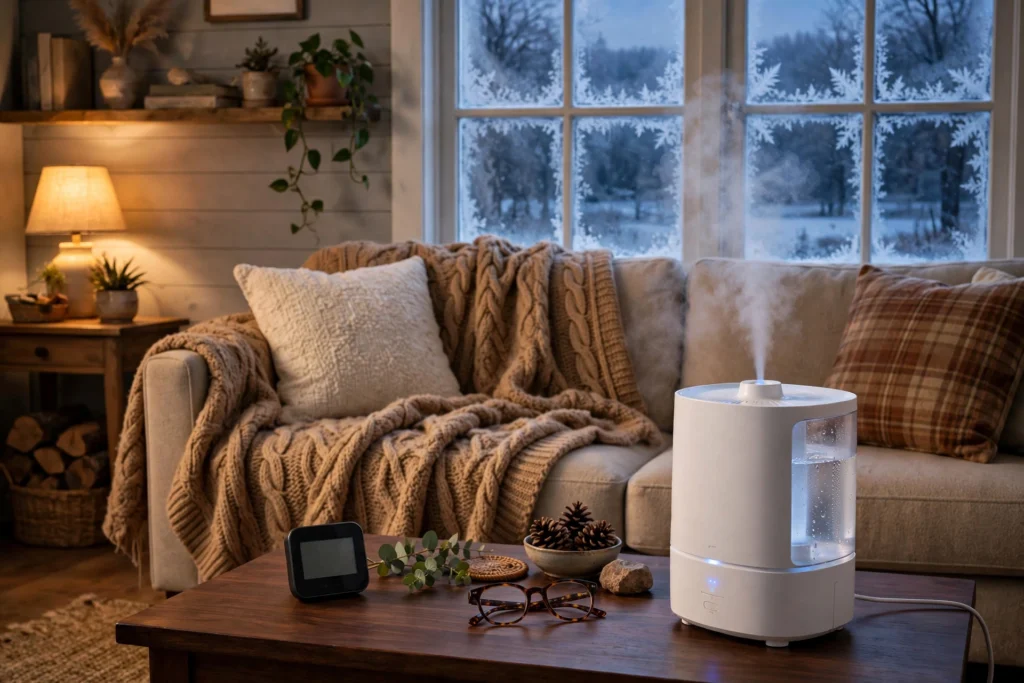 Best humidifier setting during winter — hygrometer in a cozy living room