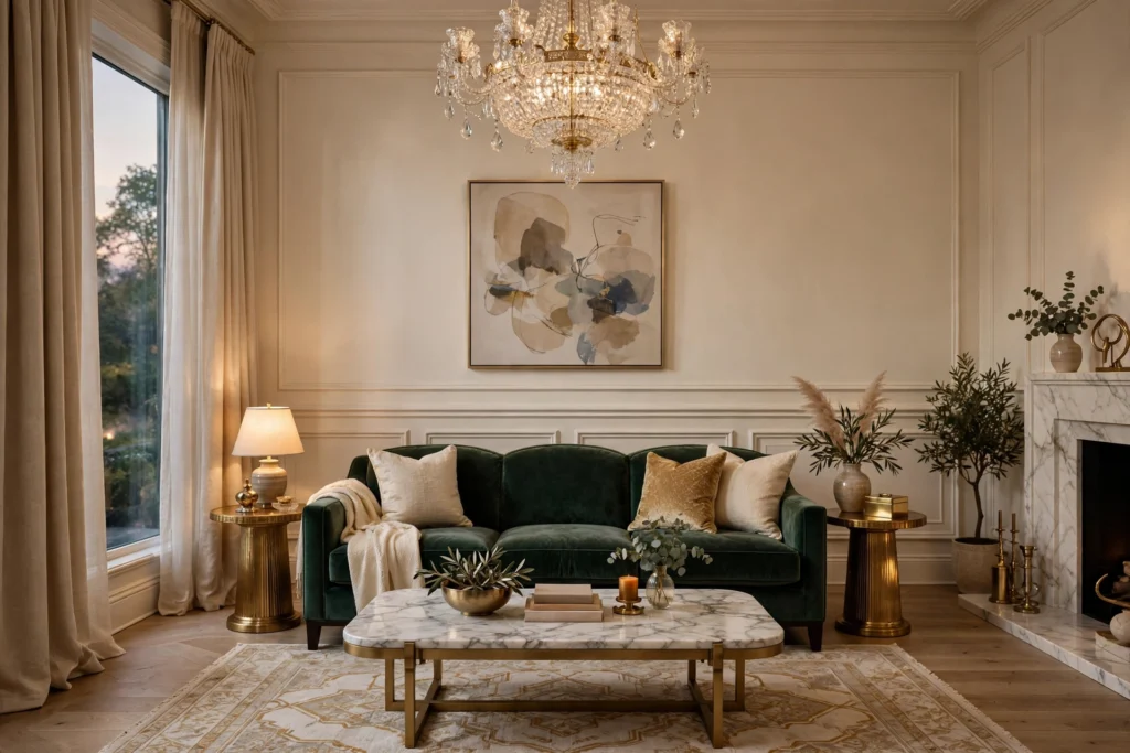 Luxury home decor ideas — elegant living room with gold accents