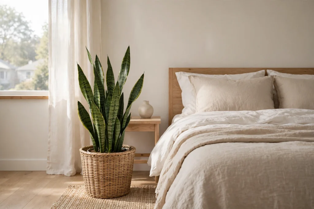 Sansevieria plant benefits — snake plant beside a bed