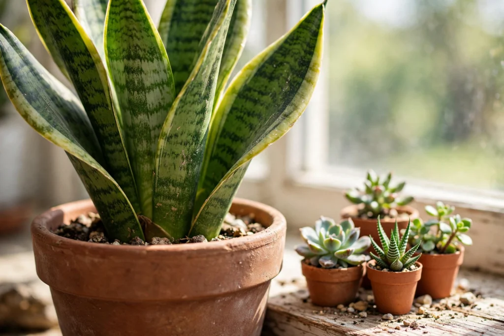 Snake plant succulents — thick fleshy leaves close up