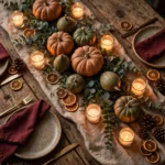 Thanksgiving table decor with terracotta pumpkins, eucalyptus, and candlelight