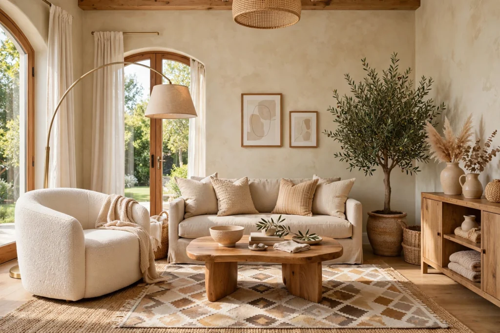 2026 decor trends — stylish living room with warm neutrals and a curved armchair